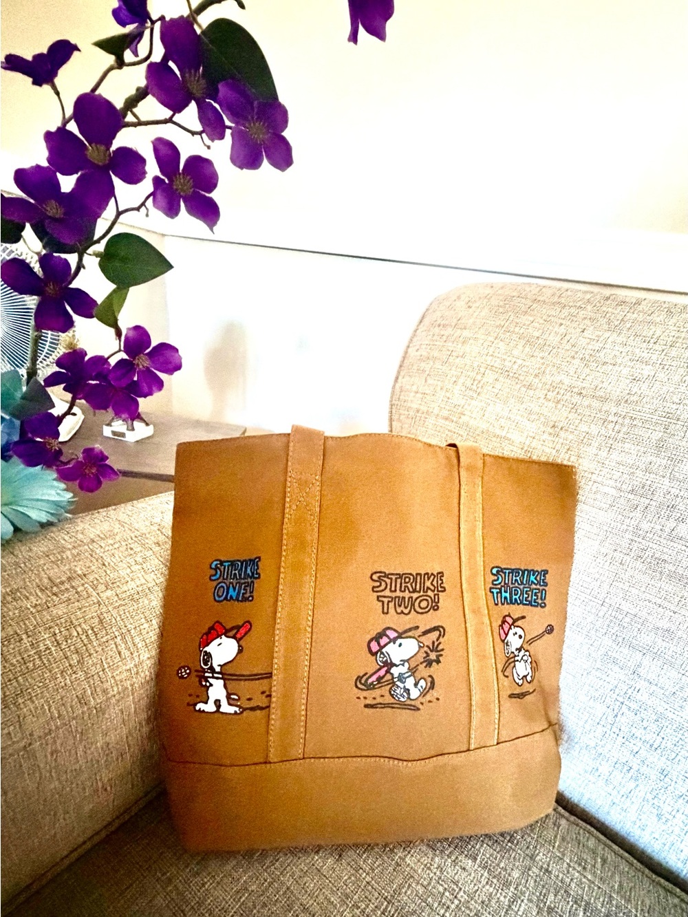 Snoopy Brown Canvas Tote Bag Cartoon Baseball Panels